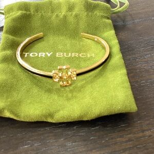 Tory Burch Logo Britten Gold and Black Enamel Bangle Bracelet